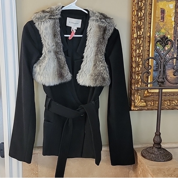 BCBGMAXAZRIA Black Faux Fur Trim Jacket - Picture 1 of 5